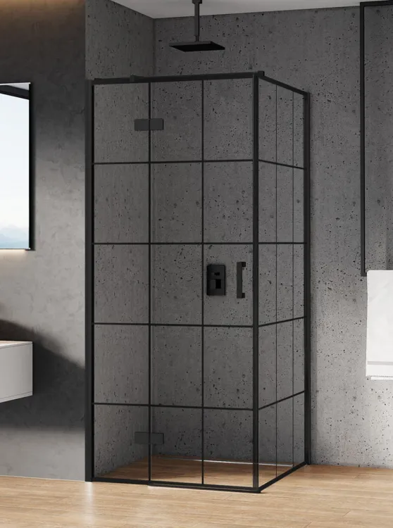 KABINA NEW RENOMA BLACK 1D PROSTOKĄTNA P 100x90x195 CZYSTE 6mm ACTIVE SHIELD 2.0 WZÓR KRATKA WSP. RÓWNOLEGŁY