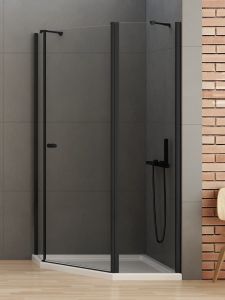 NZ2 KABINA NEW SOLEO BLACK 1D PIĘCIOKĄTNA ASYMETRYCZNA U 100x80x195 CZYSTE 6mm ACTIVE SHIELD 2.0 KOLUMNA NA DŁ. ŚCIANCE