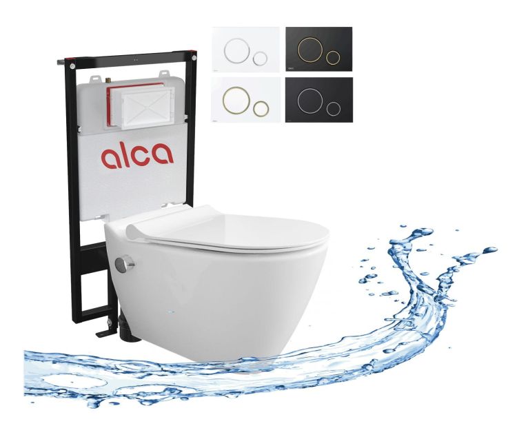 Bezrantowa miska wc i bidet w jednym urządzeniu Mineral komplet ze stelażem podtynkowym Alca Slim i przyciskiem MA5201+AM1101/1200+M775