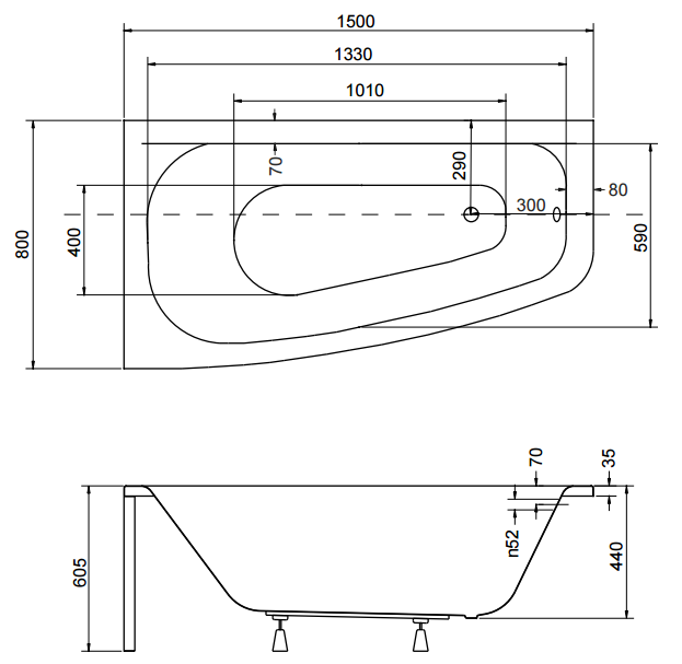 Wanna asymetryczna 150x80 cm Besco Luna 150 lewa rys.tech.
