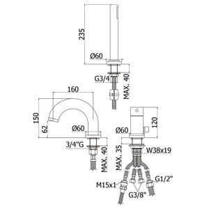 Bateria wannowa 3-otworowa Light LIG40LCR