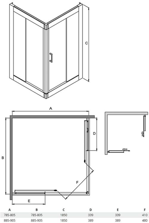 Kabina prysznicowa kwadratowa 90x90x185 cm Besco Modern 90 rys. tech.