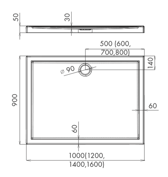 Brodzik prostokątny 90x120x5cm Schedpol Corrina 3.0687 rys.tech.