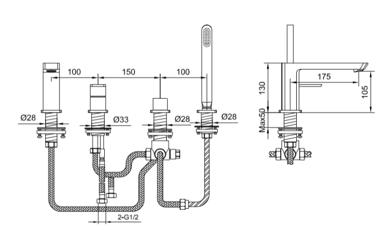  Bateria wannowa 4-otworowa Kohlman Foxal QB244F chrom rys. tech.