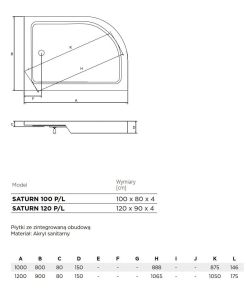  Brodzik półokrągły asymetryczny kompaktowy 100x80x4 cm Besco Saturn 100 rys. tech.
