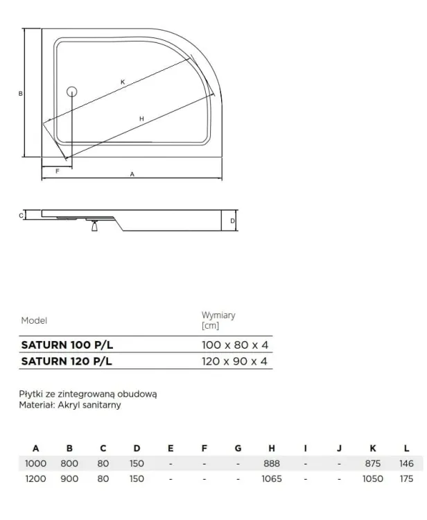  Brodzik półokrągły asymetryczny kompaktowy 100x80x4 cm Besco Saturn 100 rys. tech.