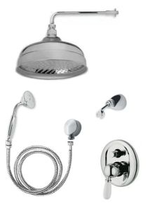 Zestaw prysznicowy podtynkowy Retro z deszczownicą 20 cm, słuchawką prysznicową z wężem, uchwytem i przyłączem kątowym oraz baterią podtynkową Gaboli Luigi Imperial chrom
