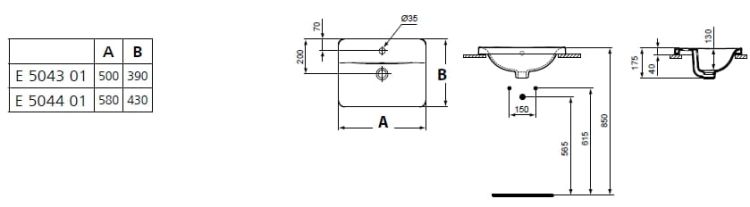 Umywalka prostokątna wpuszczana w blat 50x39 cm Ideal Standard Connect E504301 rysunek techniczny