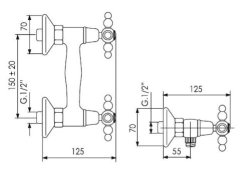  Bateria prysznicowa ścienna retro Giulini Parigi 7307 bronzo rys. tech.