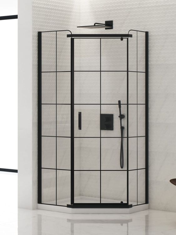 KABINA NEW KOMFORT BLACK 1D PIĘCIOKĄTNA U 90x90x195 CZYSTE 8mm ACTIVE SHIELD 2.0 WZÓR KRATKA