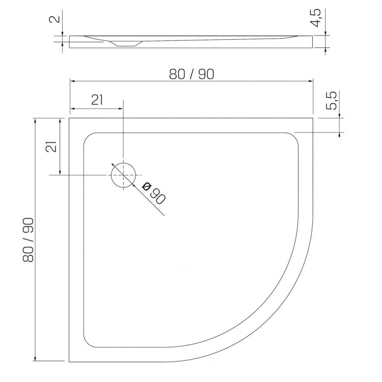 BRODZIK MILD PÓŁOKRĄGŁY BIAŁY AKRYLOWY 90x90x4,5