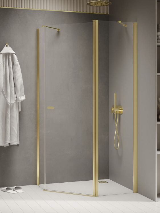 NZ2 KABINA NEW SOLEO LIGHT GOLD 1D PIĘCIOKĄTNA ASYMETRYCZNA U 100x80x195 CZYSTE 6mm ACTIVE SHIELD 2.0 KOLUMNA NA DŁ. ŚCIANCE
