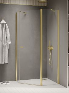NZ2 KABINA NEW SOLEO LIGHT GOLD 1D PIĘCIOKĄTNA ASYMETRYCZNA U 100x80x195 CZYSTE 6mm ACTIVE SHIELD 2.0 KOLUMNA NA KR. ŚCIANCE