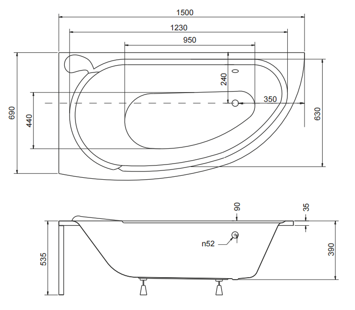 Wanna asymetryczna 150x70 cm Besco Mini lewa rys. tech.
