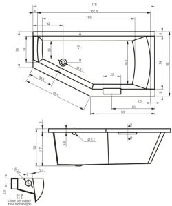 wanna asymetryczna  Riho Geta 170x90cm BA89  lewa  rys.tech