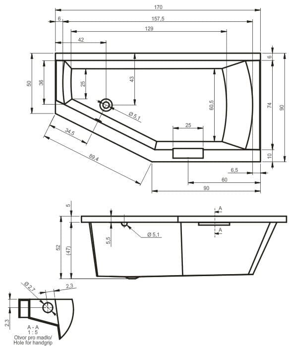 wanna asymetryczna  Riho Geta 170x90cm BA89  lewa  rys.tech
