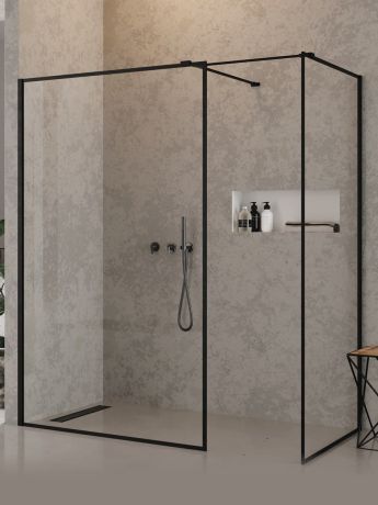Przejdź do produktu KABINA NEW MODUS BLACK WALK-IN U 130x100x200 CZYSTE 8mm ACTIVE SHIELD 2.0 WZÓR RAMKA