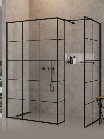 Przejdź do produktu KABINA NEW MODUS BLACK WALK-IN U 80x200 CZYSTE 8mm ACTIVE SHIELD 2.0 WZÓR KRATKA