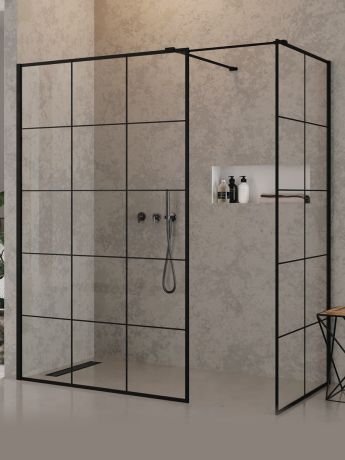 Przejdź do produktu KABINA NEW MODUS BLACK WALK-IN U 140x90x200 CZYSTE 8mm ACTIVE SHIELD 2.0 WZÓR KRATKA
