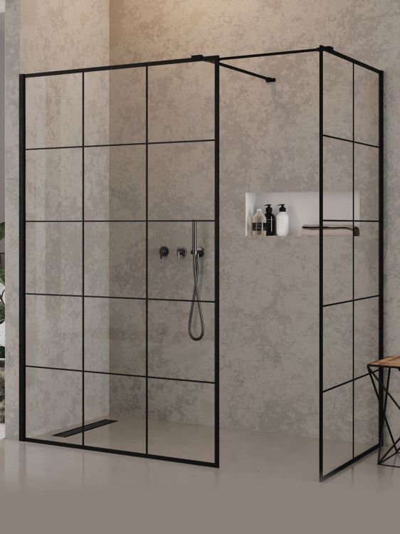 KABINA NEW MODUS BLACK WALK-IN U 140x90x200 CZYSTE 8mm ACTIVE SHIELD 2.0 WZÓR KRATKA