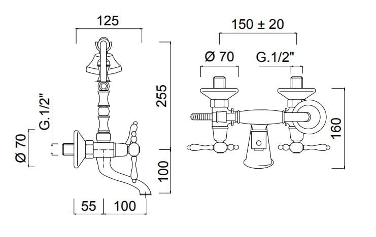 Retro bateria wannowa ścienna ze słuchawką prysznicową Giulini Praga 7500 chrom