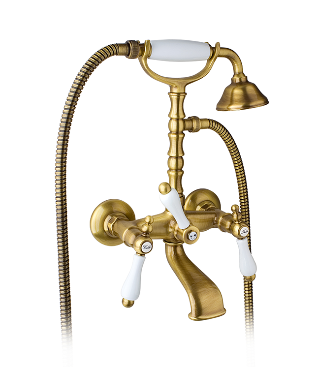 Retro bateria wannowa ścienna ze słuchawką prysznicową i białym uchwytami Giulini Praga 7500 bronzo