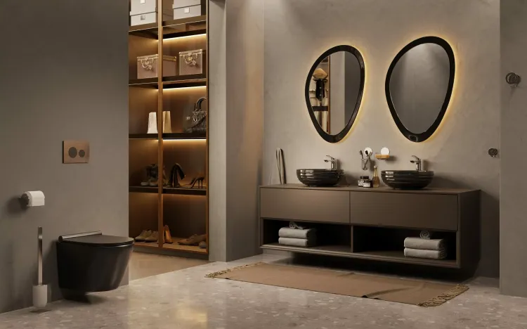 Miska WC czarny mat bezkołnierzowa 36x49 cm Trend Caneo z deską WC wolnoopadającą, stelażem podtynkowym Grohe Rapid SL 5w1 i przyciskiem chrom TR2196D-U18+Grohe5w1+38732000+38796000