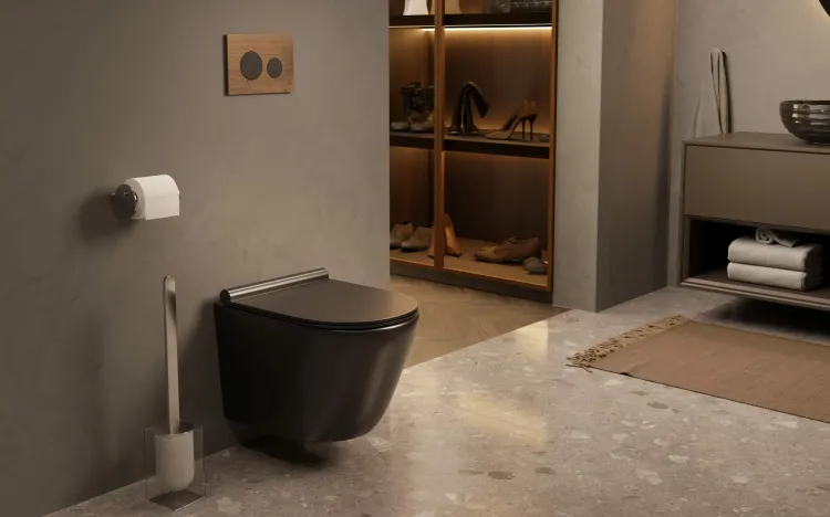 Miska WC czarny mat bezkołnierzowa 36x49 cm Trend Caneo z deską WC wolnoopadającą, stelażem podtynkowym Grohe Rapid SL 5w1 i przyciskiem chrom TR2196D-U18+Grohe5w1+38732000+38796000