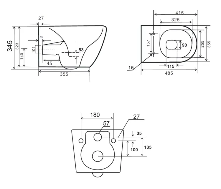 Czarna miska WC bezkołnierzowa wisząca 36x49 cm krótka z deską wolnoopadającą Trend TR2196D-U18-2 czarny mat