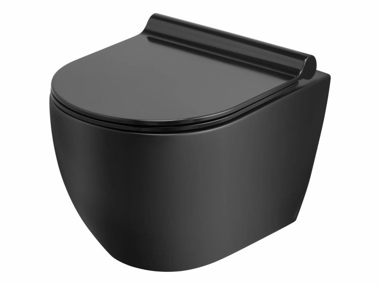 Czarna miska WC bezkołnierzowa wisząca 36x49 cm krótka z deską wolnoopadającą Trend TR2196D-U18-2 czarny mat