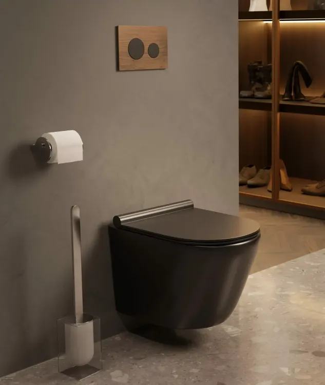 Czarna miska WC bezkołnierzowa wisząca 36x49 cm krótka z deską wolnoopadającą Trend TR2196D-U18-2 czarny mat