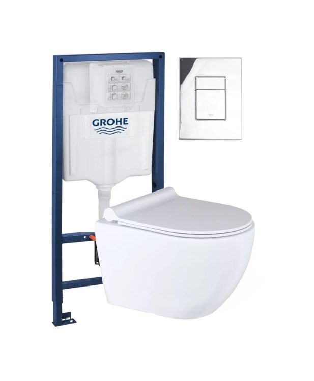 Miska WC bezkołnierzowa wisząca 48x36 cm Trend Amaro z deską WC wolnoopadającą, stelażem podtynkowym Grohe i przyciskiem spłukującym chrom połysk TR2217+38827000