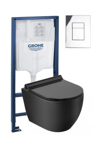 Miska WC czarny mat bezkołnierzowa 36x49 cm Trend Caneo z deską WC wolnoopadającą, stelażem podtynkowym Grohe Rapid SL 5w1 i przyciskiem chrom TR2196D-U18+Grohe5w1+38732000+38796000