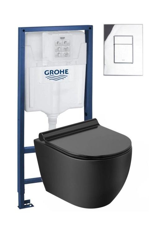 Miska WC czarny mat bezkołnierzowa 36x49 cm Trend Caneo z deską WC wolnoopadającą, stelażem podtynkowym Grohe Rapid SL 5w1 i przyciskiem chrom TR2196D-U18+Grohe5w1+38732000+38796000