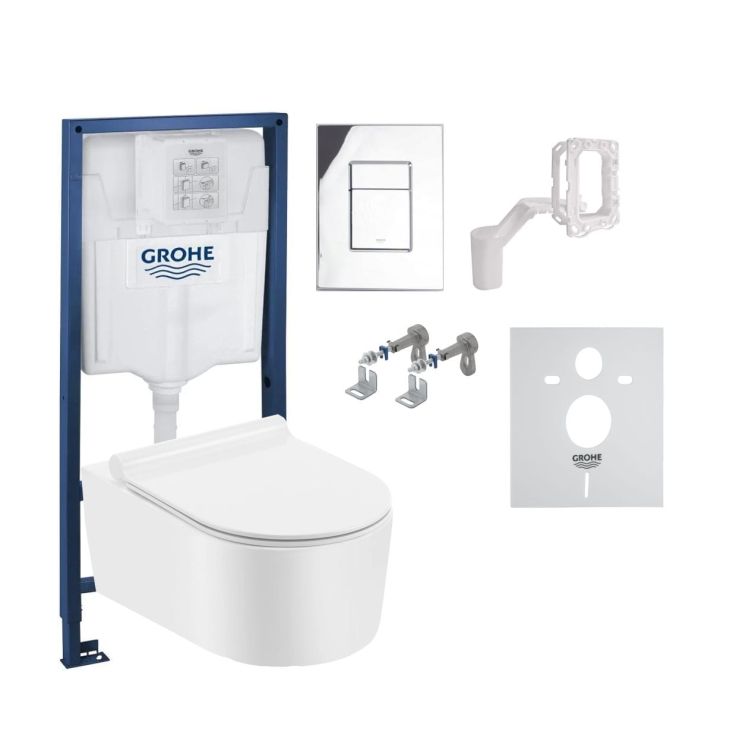 Miska WC bezkołnierzowa prostokątna 56x36 cm Trend z deską WC, stelażem podtynkowym Grohe Rapid SL 5w1 i przyciskiem chrom połysk STR2044+Grohe