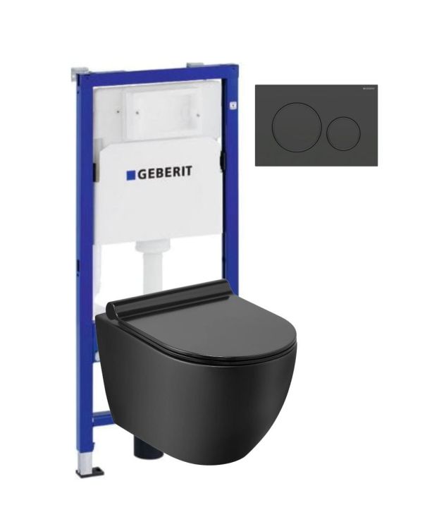 Miska WC czarny mat bezkołnierzowa wisząca 36x49 cm Trend Caneo Matt Black z deską WC wolnoopadającą, stelażem podtynkowy Geberit i czarnym przyciskiem Sigma TR2196D-U18+111320005+115.770.DW.5