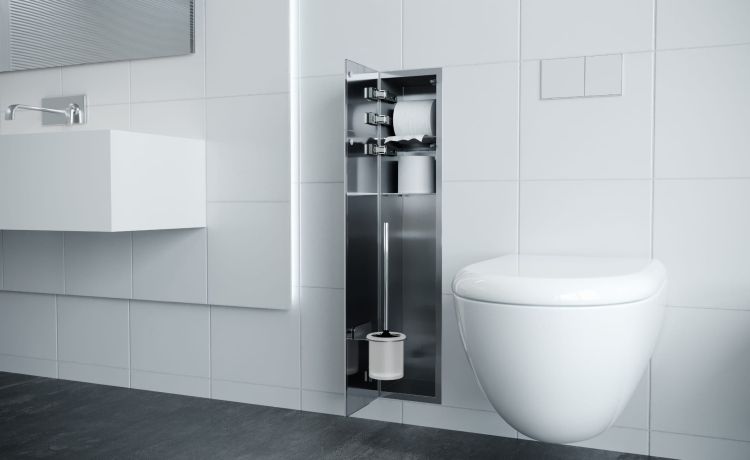 Schowek podtynkowy WC do szczotki i papieru toaletowego, do zabudowy w ścianie 18x82,2x15 cm MCJ F.PW2D WC 800 stal szlifowana