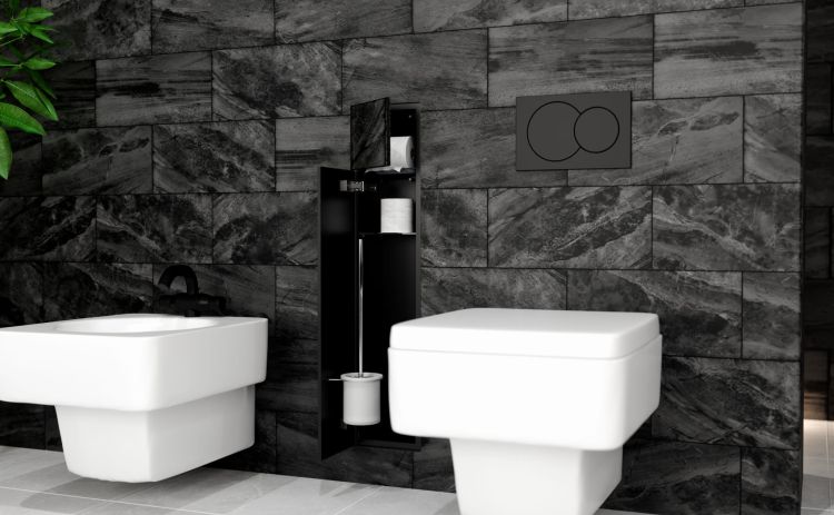 Do zabudowy kaflem schowek podtynkowy WC do szczotki i papieru toaletowego 18x83x16 cm MCJ kołnierz typu Zero Z.PW2T LBL WC 800 czarny, malowany proszkowo