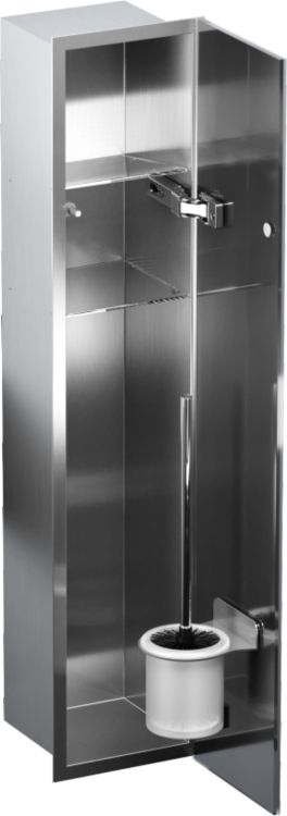 Schowek podtynkowy WC do szczotki i papieru toaletowego, do zabudowy w ścianie 18x82,5x15 cm kołnierz typu Flat MCJ F.PWAD WC 800 stal szlifowana