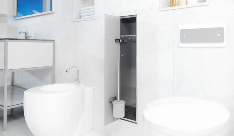 Schowek podtynkowy WC do szczotki i papieru toaletowego, do zabudowy w ścianie 18x82,5x15 cm kołnierz typu Flat MCJ stal nierdzewna białe szkło F.PWAD WC 800