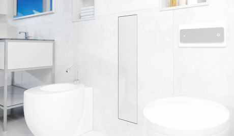 Przejdź do produktu Schowek podtynkowy WC do szczotki i papieru toaletowego, do zabudowy w ścianie 18x82,5x15 cm kołnierz typu Flat MCJ stal nierdzewna białe szkło F.PWAD WC 800