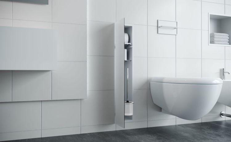 Schowek podtynkowy WC do szczotki i papieru toaletowego, do zabudowy w ścianie 18x83x16 cm kołnierz typu Zero stal lakierowana w kolorze białym szkło białe MCJ Z.PWAD LWH WC 800