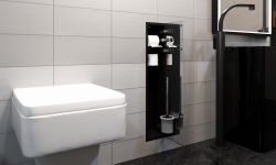 Schowek podtynkowy WC do szczotki i papieru toaletowego, do zabudowy w ścianie 18,5x98,1x16,2 cm kołnierz typu Zero MCJ stal nierdzewna lakierowana na kolor czarny Z.PW2D WC LBL 950