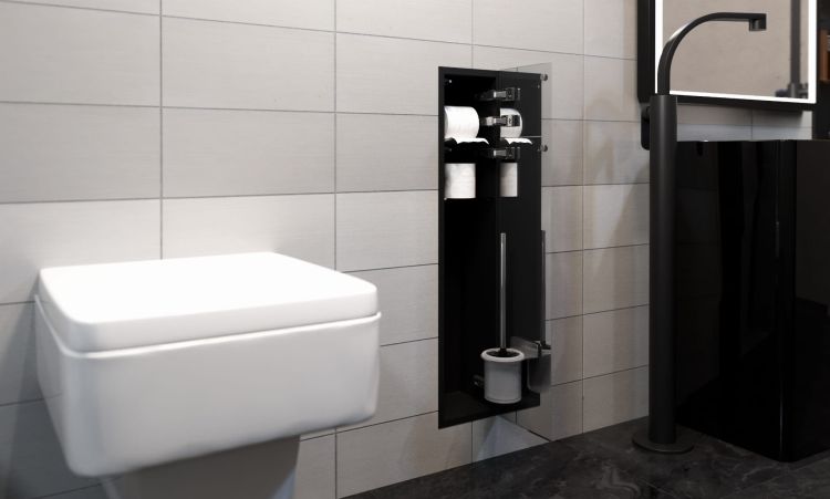 Schowek podtynkowy WC do szczotki i papieru toaletowego, do zabudowy w ścianie 18,5x98,1x16,2 cm kołnierz typu Zero MCJ stal nierdzewna lakierowana na kolor czarny Z.PW2D WC LBL 950