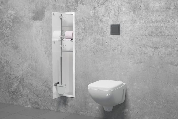 Schowek podtynkowy WC do szczotki i papieru toaletowego, do zabudowy w ścianie 18,5x98,1x16,2 cm kołnierz typu Zero MCJ stal nierdzewna lakierowana na kolor biały szkło białe Z.PW2D WC LWH 950