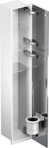 Schowek podtynkowy WC do szczotki i papieru toaletowego, do zabudowy w ścianie 18,5x98,1x16,2 cm kołnierz typu Zero MCJ stal nierdzewna lakierowana na kolor biały szkło białe Z.PW2D WC LWH 950