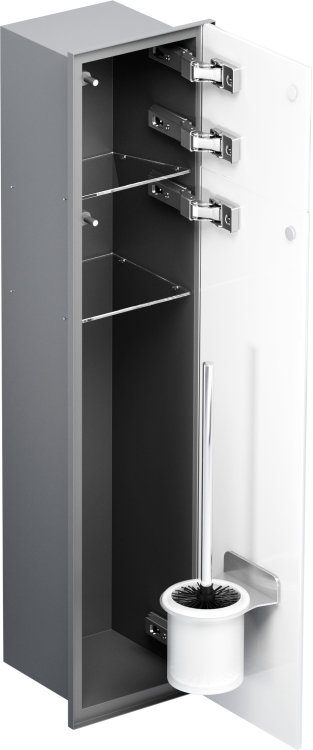 Schowek podtynkowy WC do szczotki i papieru toaletowego, do zabudowy w ścianie 18,5x83,1x16,2 cm kołnierz typu Zero MCJ stal nierdzewna lakierowana na kolor szary szkło białe Z.PW2D WC LGR 800
