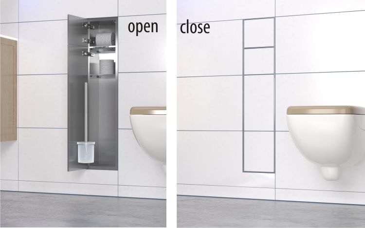 Schowek podtynkowy WC do szczotki i papieru toaletowego, do zabudowy w ścianie 18,5x83,1x16,2 cm kołnierz typu Zero MCJ stal nierdzewna Z.PW2D WC 800 -drzwiczki do zabudowy kaflem