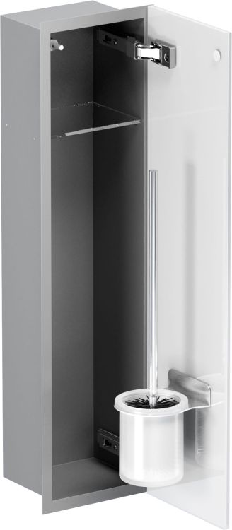 Schowek podtynkowy WC do szczotki, do zabudowy w ścianie 18x66x13 cm kołnierz typu Flat MCJ stal malowana na szary, szklane drzwi F.PWAD LGR WC 600
