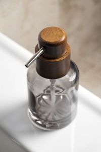 FIGO wolnostojący dozownik mydła 300ml, szkło przydymione/drewno